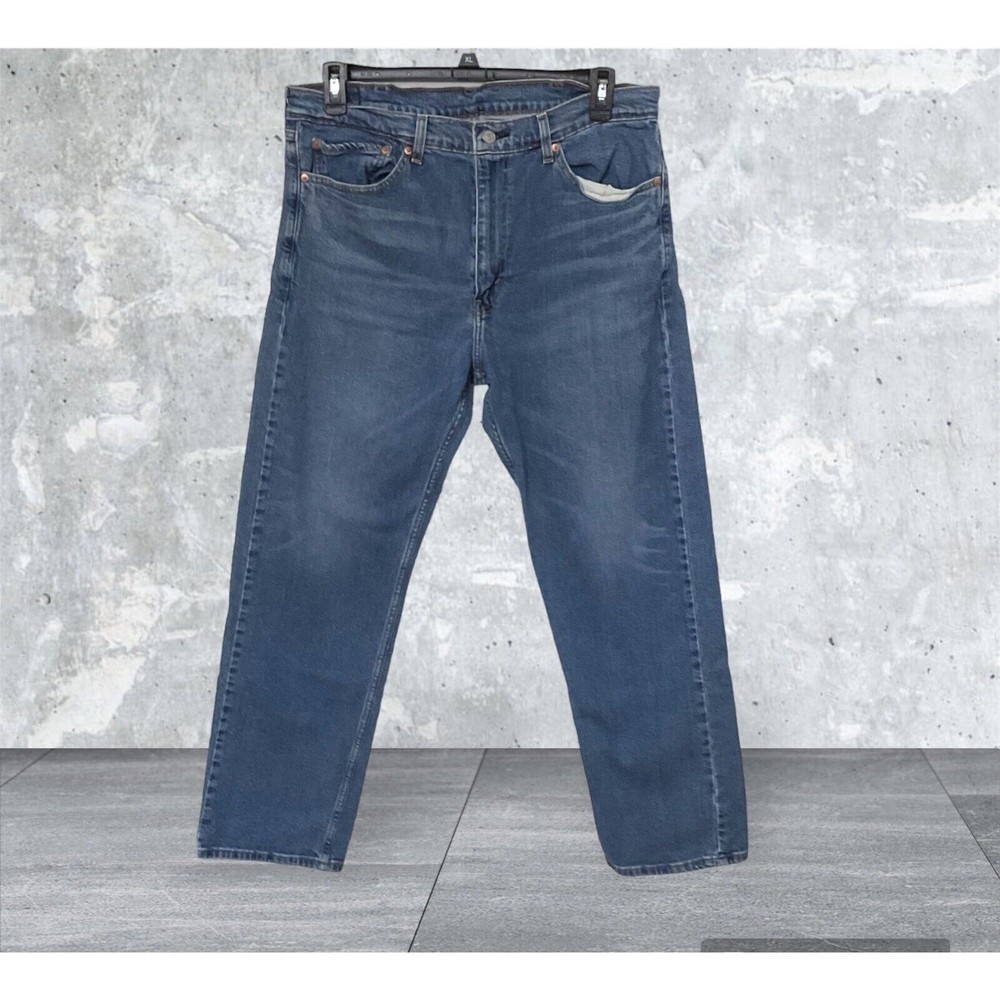 Levis 505 Mens 38 X32 Medium Wash Regular Fit Distressed Straight Leg Denim Jean
